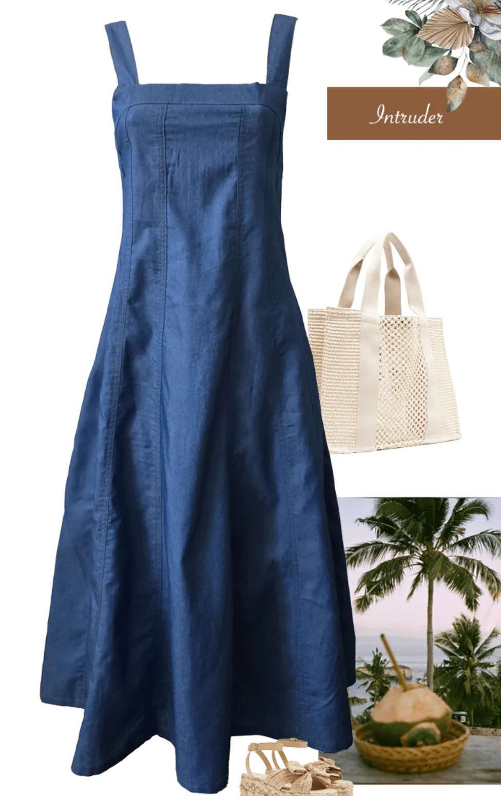 Dark Chambray Square Neck Midi Dress