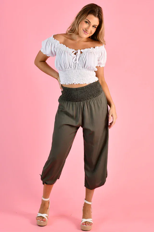 Go Girl 3/4 Rouched Tie Pants - Grey/Olive