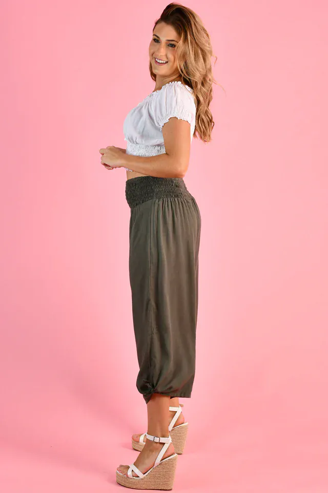 Go Girl 3/4 Rouched Tie Pants - Grey/Olive - Image 3