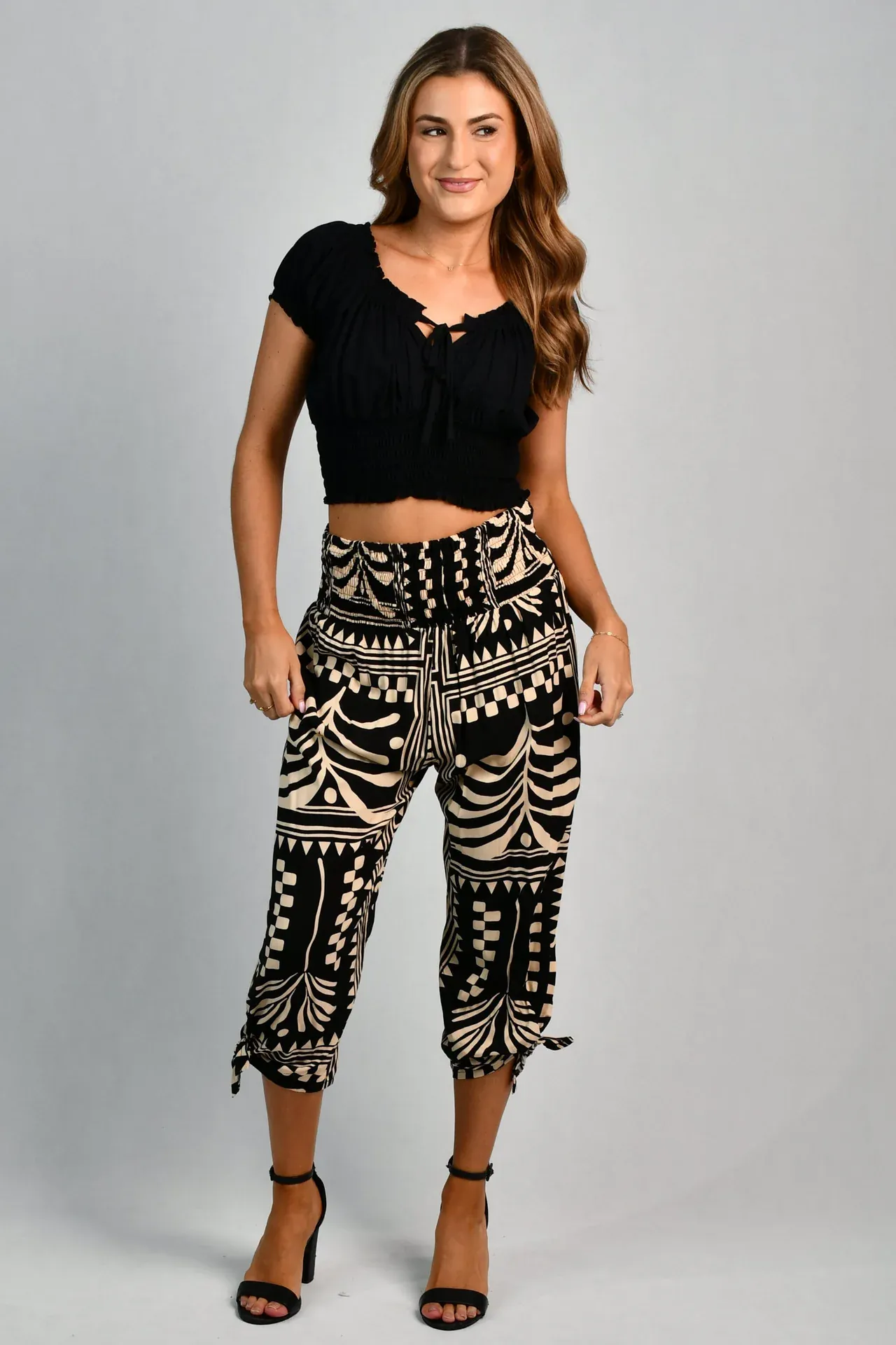 Go Girl 3/4 Rouched Tie Pants - Tribal Artisan Black