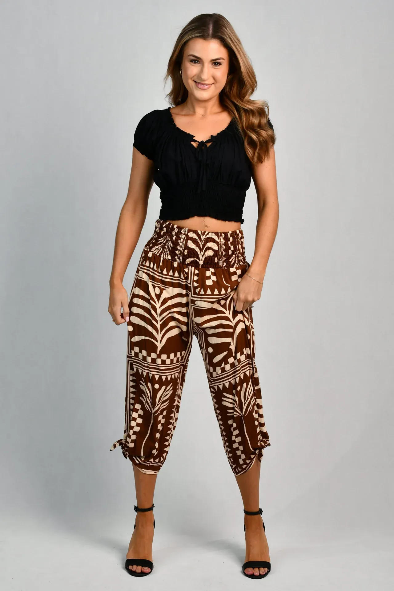 Go Girl 3/4 Rouched Tie Pants - Tribal Artisan Brown