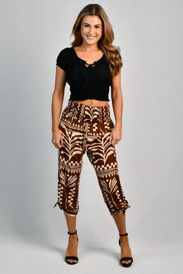 Go Girl 3/4 Rouched Tie Pants - Tribal Artisan Brown - Image 3