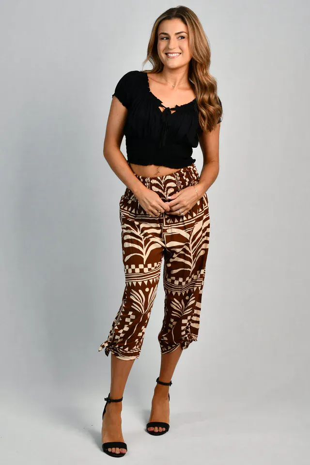 Go Girl 3/4 Rouched Tie Pants - Tribal Artisan Brown - Image 4