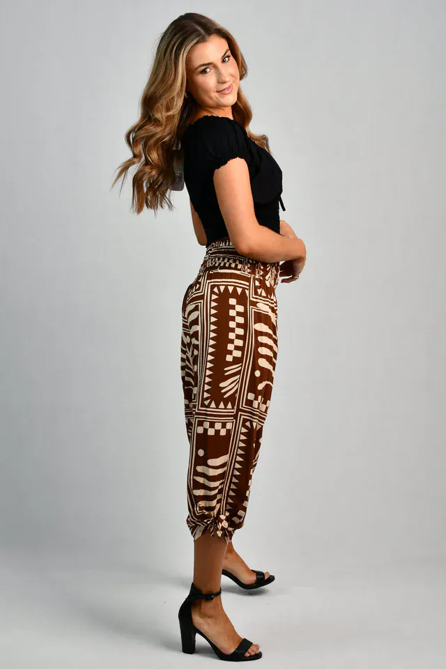 Go Girl 3/4 Rouched Tie Pants - Tribal Artisan Brown - Image 5