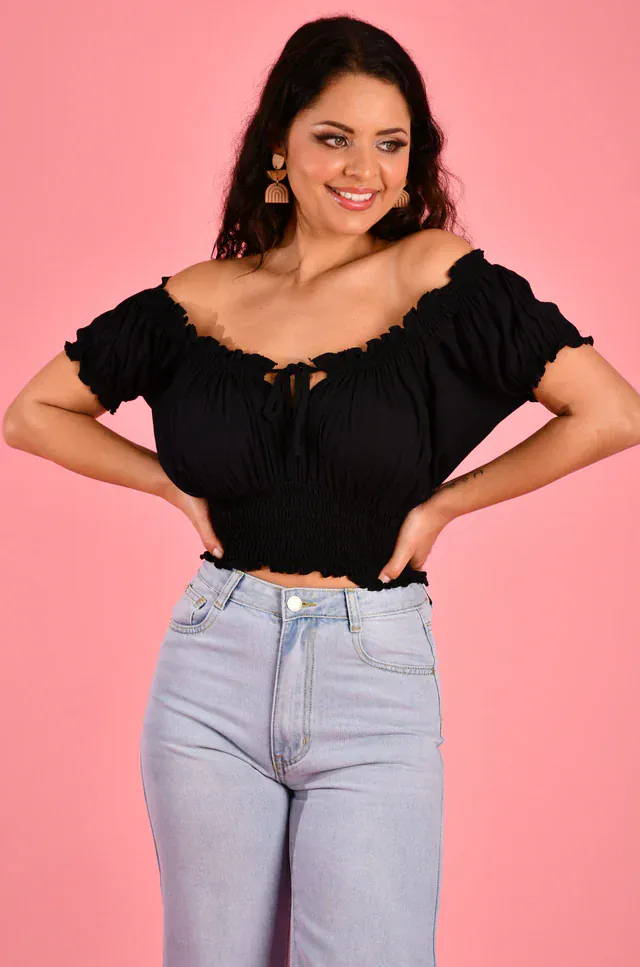 Go Girl Peasant Top With Rouched Hem - Black