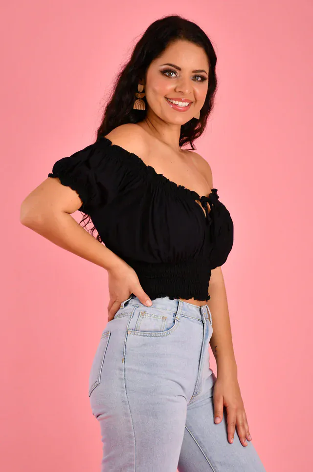 Go Girl Peasant Top With Rouched Hem - Black - Image 3