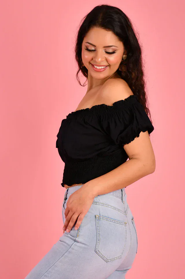 Go Girl Peasant Top With Rouched Hem - Black - Image 4
