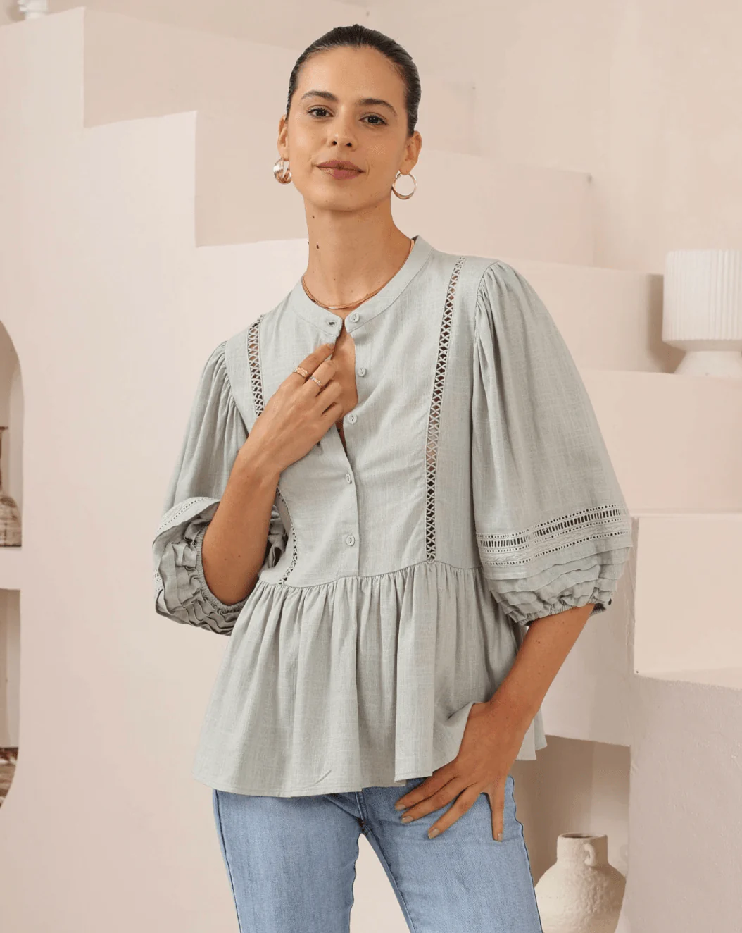 Iris Maxi Button Front Top w/Frill - Khaki