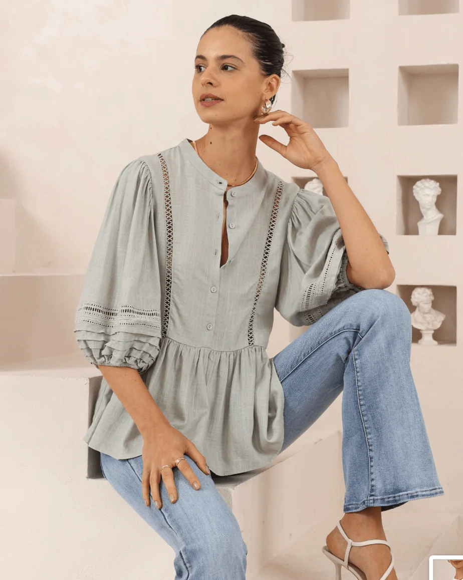Iris Maxi Button Front Top w/Frill - Khaki - Image 2