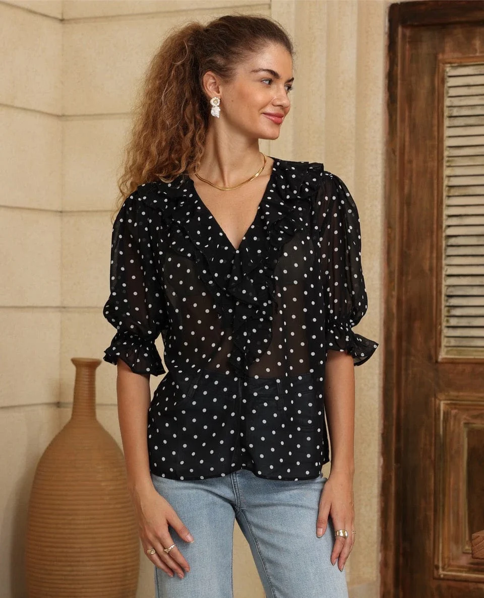 Iris Maxi Polka Dot Frill Shirt - Black/White - Image 3
