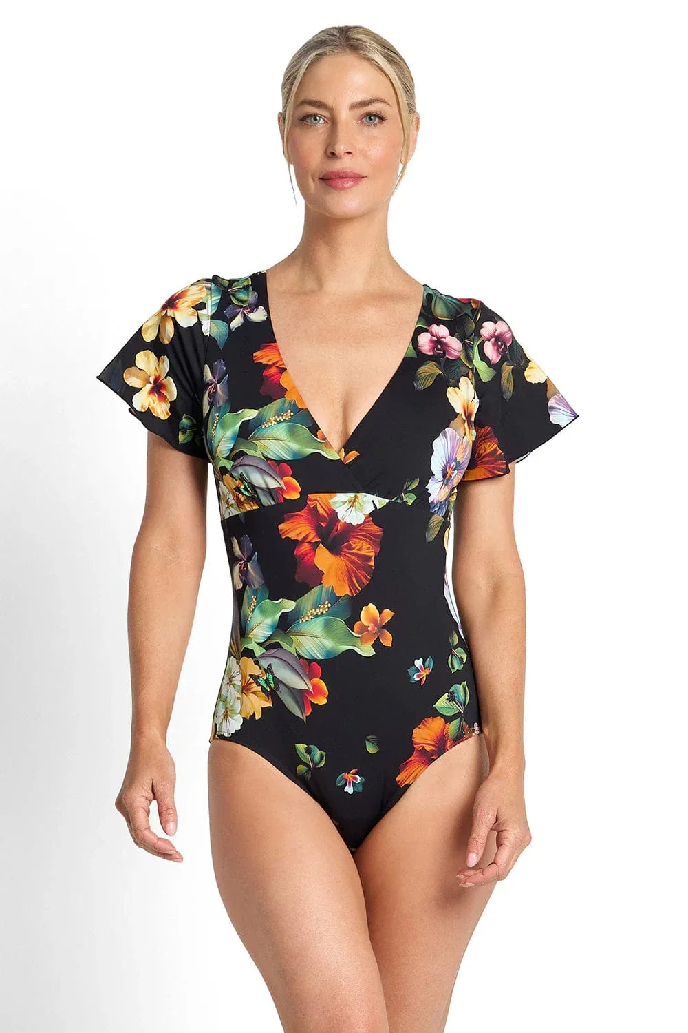 Jantzen Hibiscus Flutter Sleeve One Piece - Black