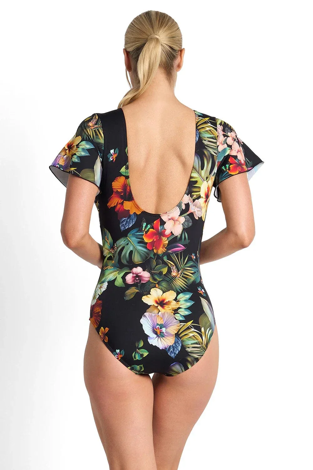 Jantzen Hibiscus Flutter Sleeve One Piece - Black - Image 2