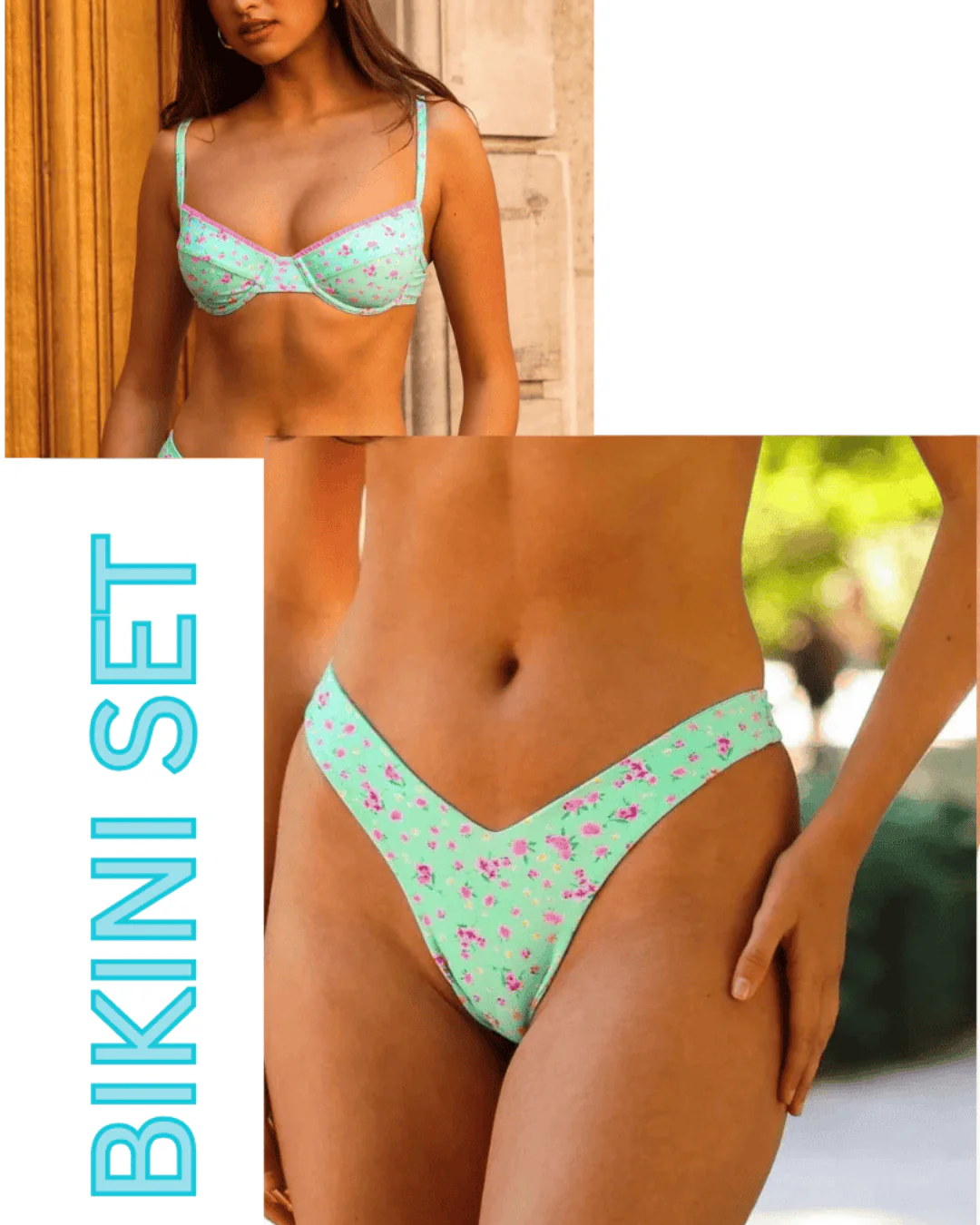 Kulani Kinis Mint Macaron Decorative Ditzy Underwire Bikini Top & Cheeky Bikini Bottom Bikini Set