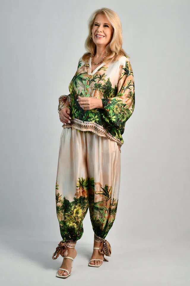 La Sofia Lisa Silk Pant W/ Tie - Ivory Rainforest