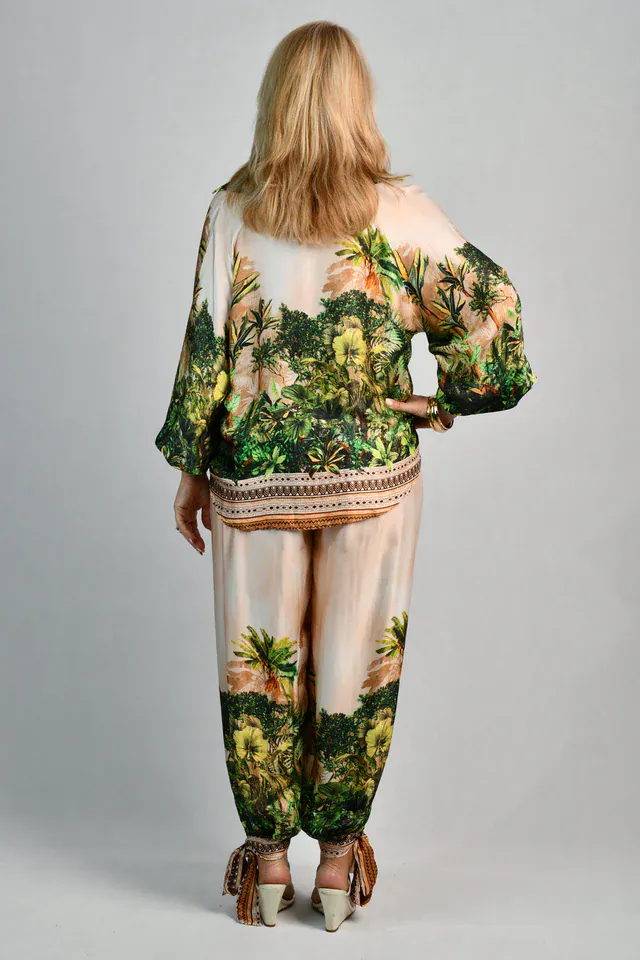 La Sofia Lisa Silk Pant W/ Tie - Ivory Rainforest - Image 2