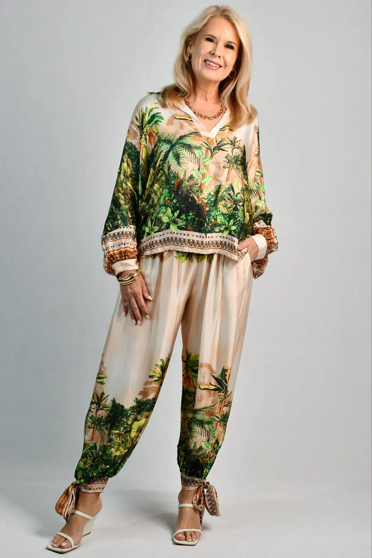 La Sofia Lisa Silk Pant W/ Tie - Ivory Rainforest - Image 3