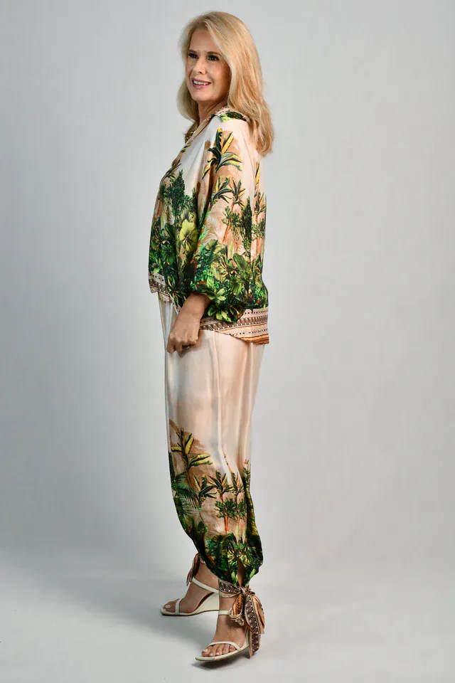 La Sofia Lisa Silk Pant W/ Tie - Ivory Rainforest - Image 4