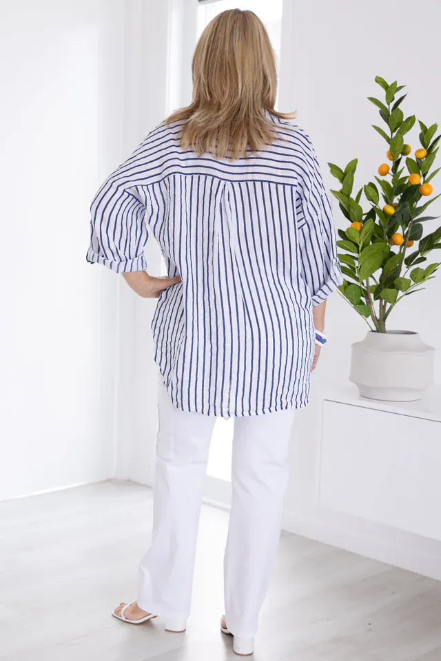 La Sofia Serena Button Linen Shirt - Navy Stripe - Image 2