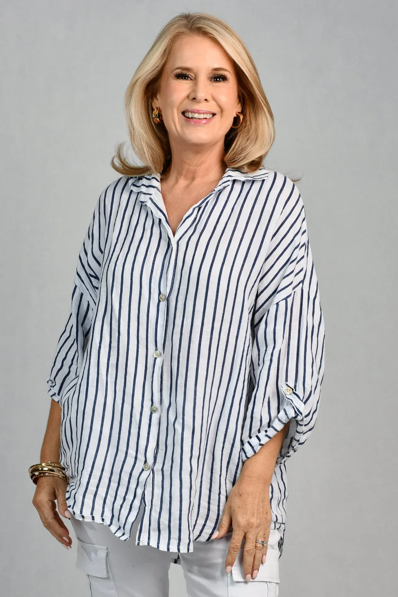 La Sofia Serena Button Linen Shirt - Navy Stripe - Image 5