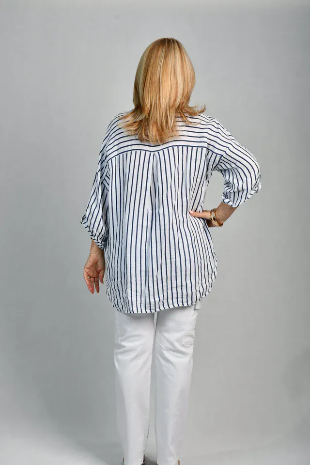 La Sofia Serena Button Linen Shirt - Navy Stripe - Image 7