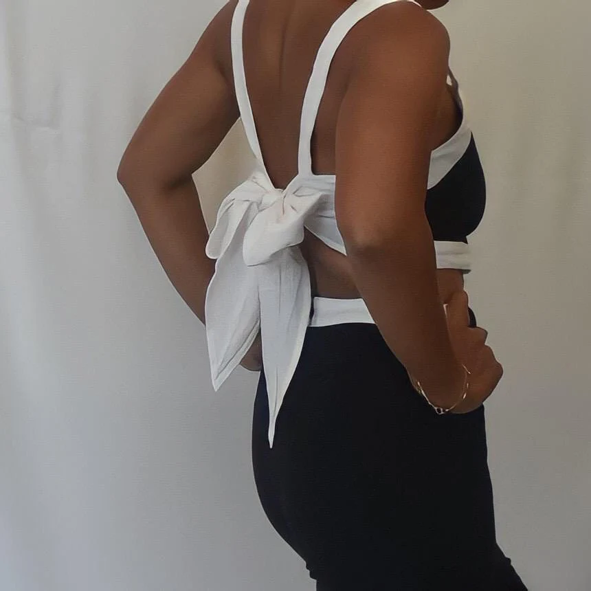 Linen Tie Back Jumpsuit - Blk/Wht - Image 3