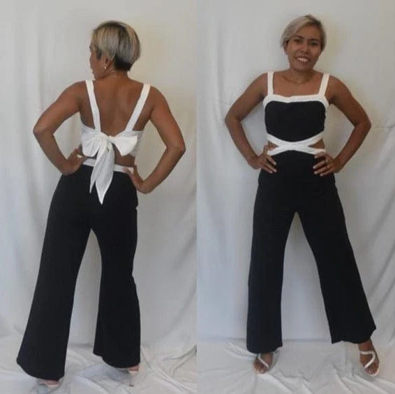 Linen Tie Back Jumpsuit - Blk/Wht - Image 4
