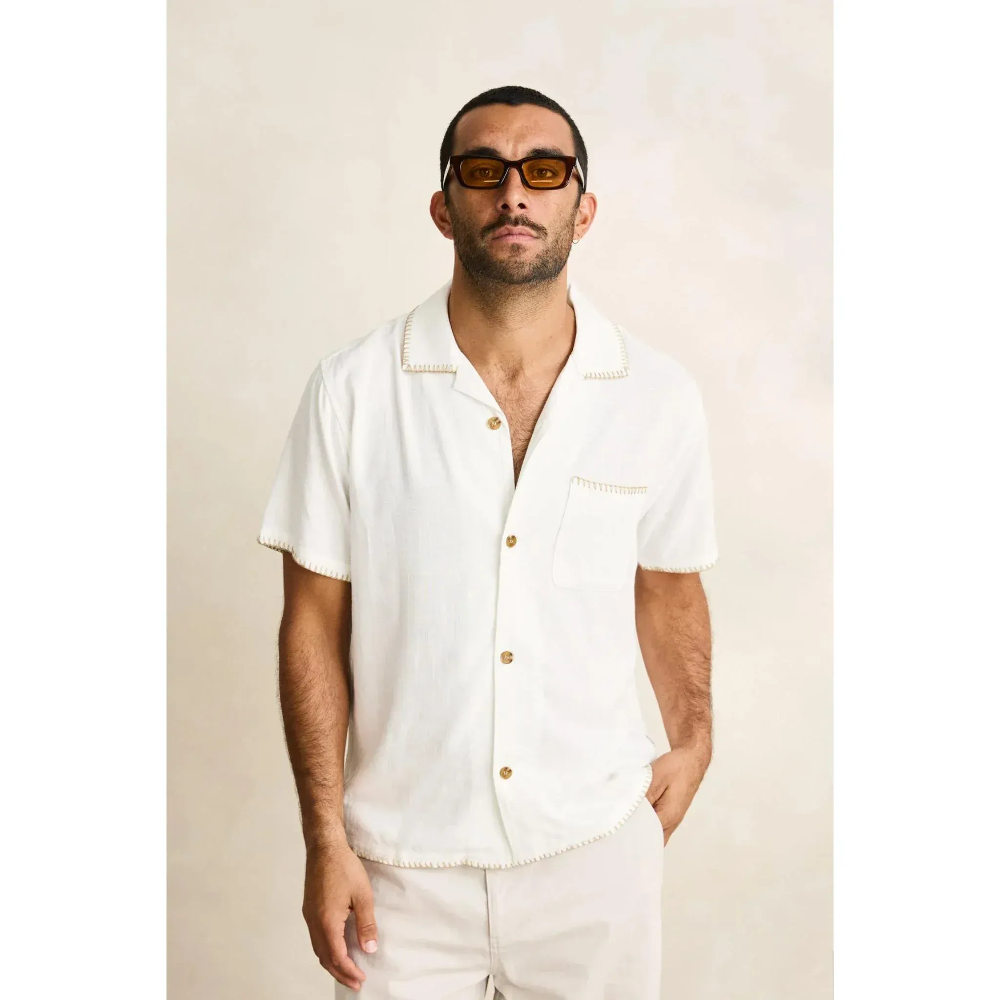 Rhythm Linen Whip Stitch Short Sleeved Shirt - Vintage White