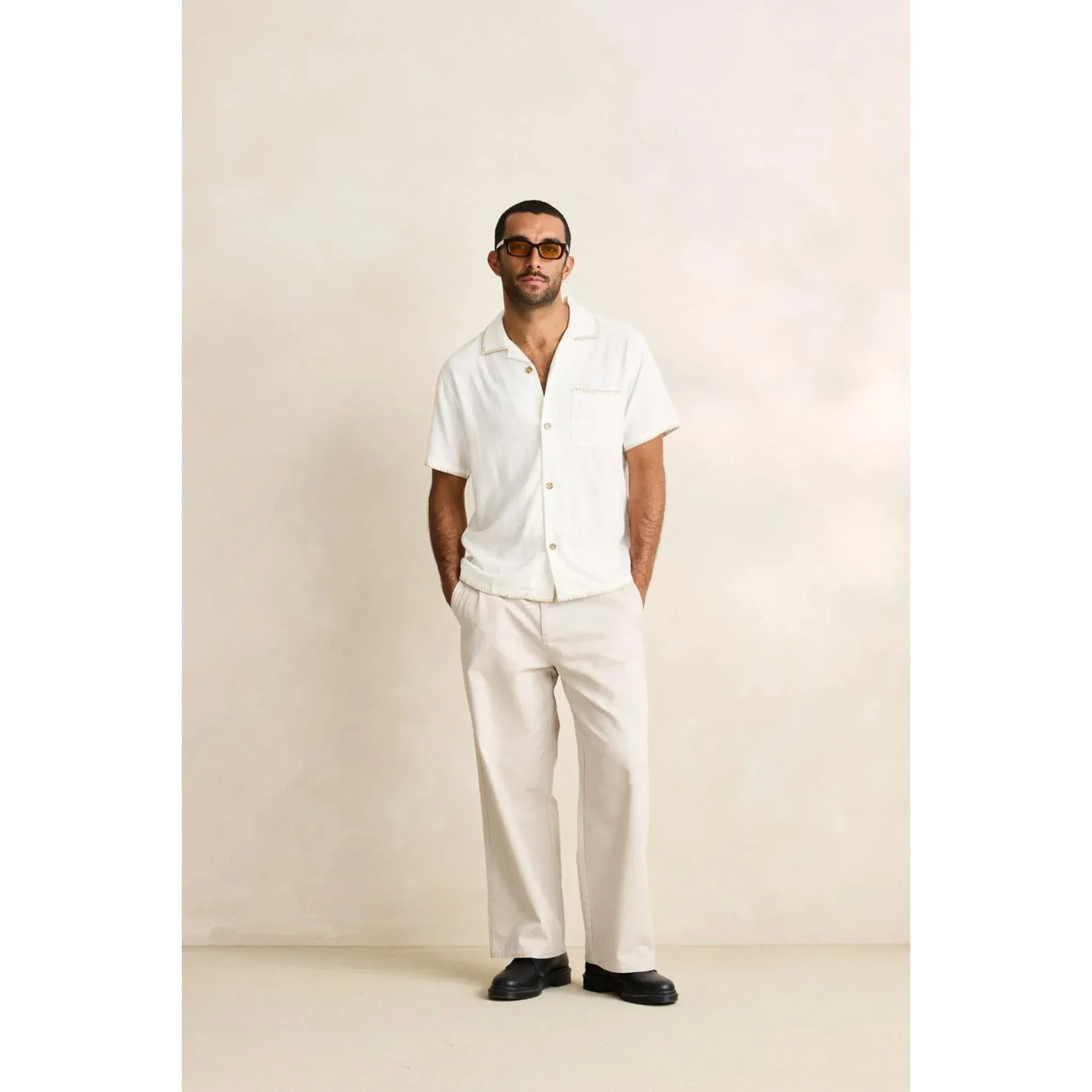 Rhythm Linen Whip Stitch Short Sleeved Shirt - Vintage White - Image 3