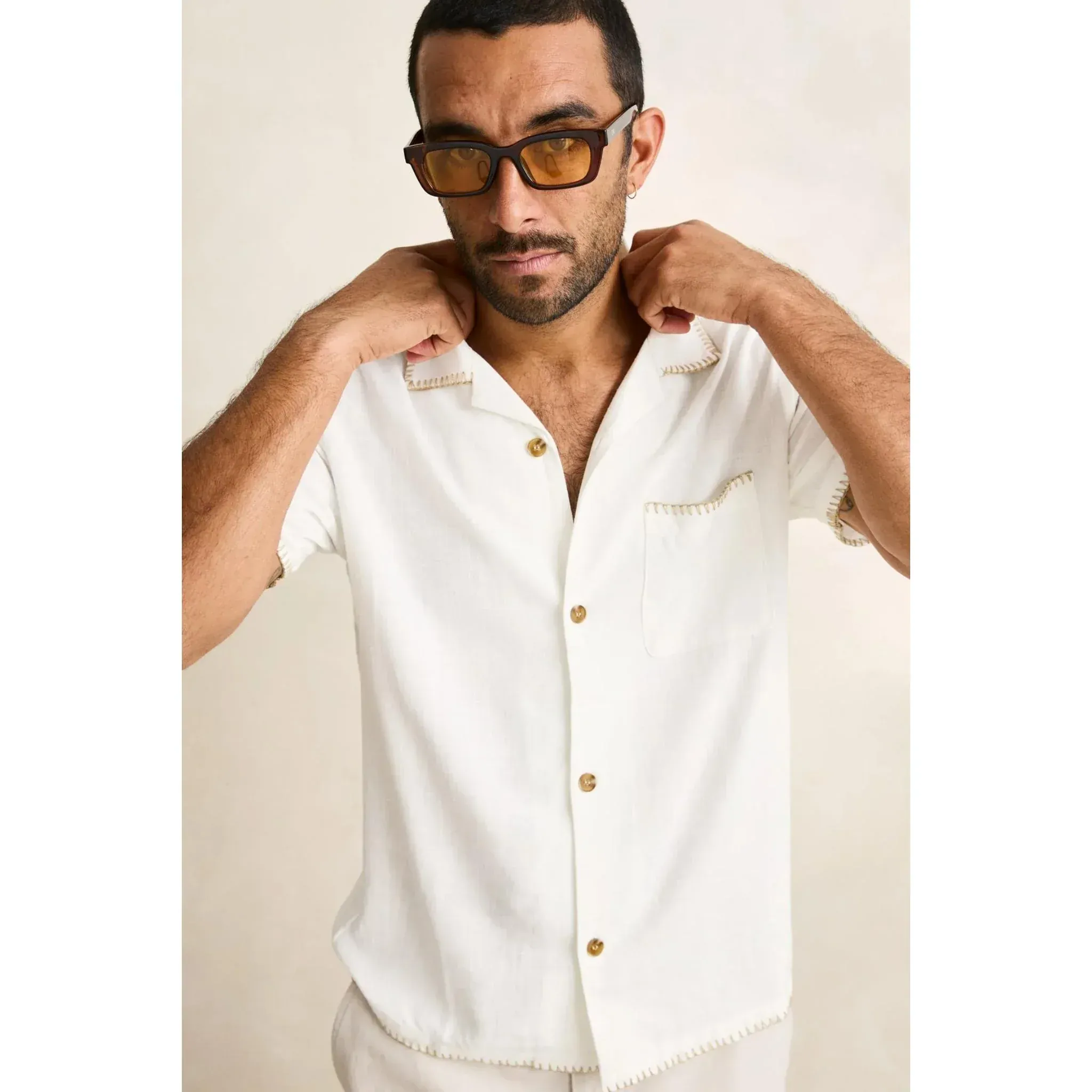 Rhythm Linen Whip Stitch Short Sleeved Shirt - Vintage White - Image 4