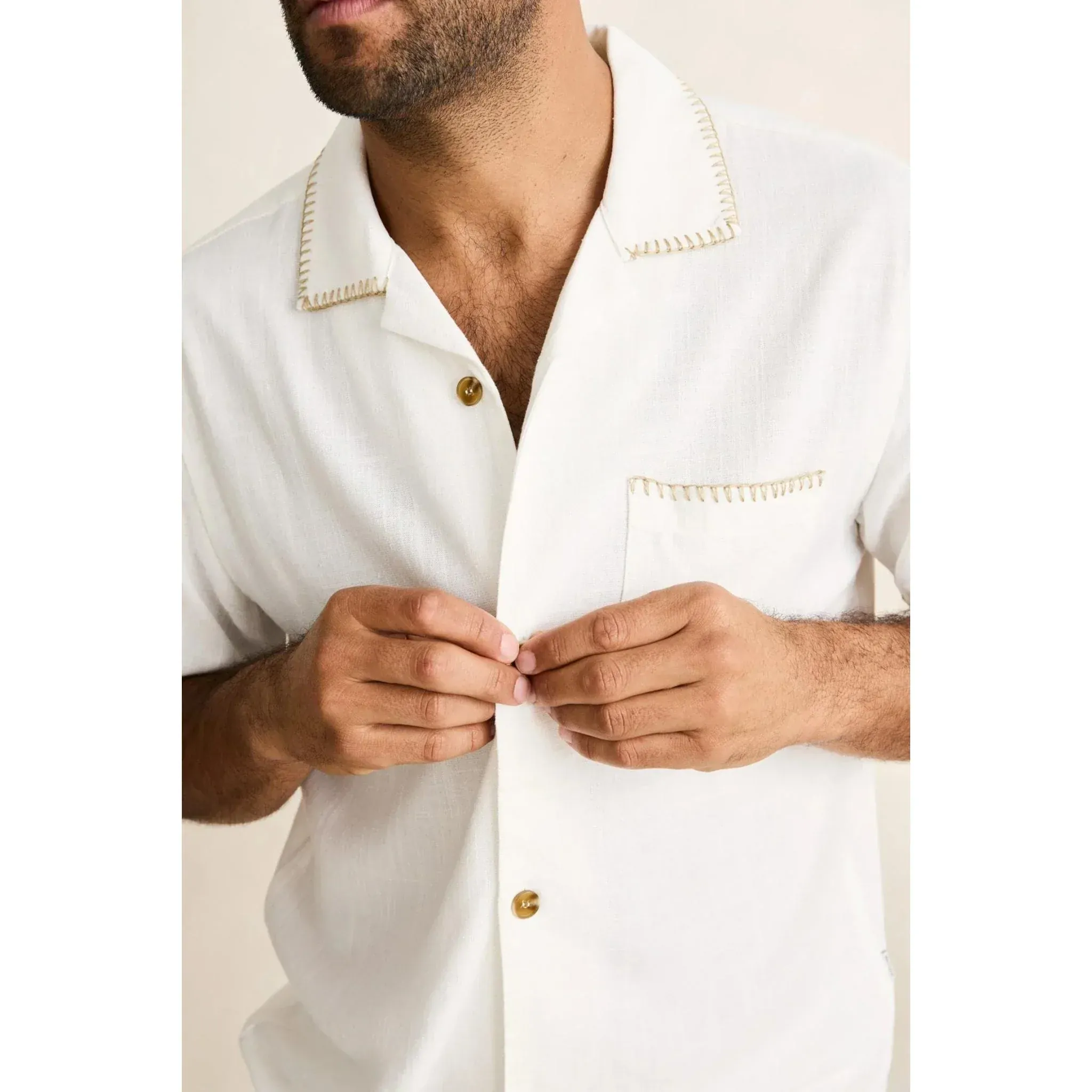 Rhythm Linen Whip Stitch Short Sleeved Shirt - Vintage White - Image 5