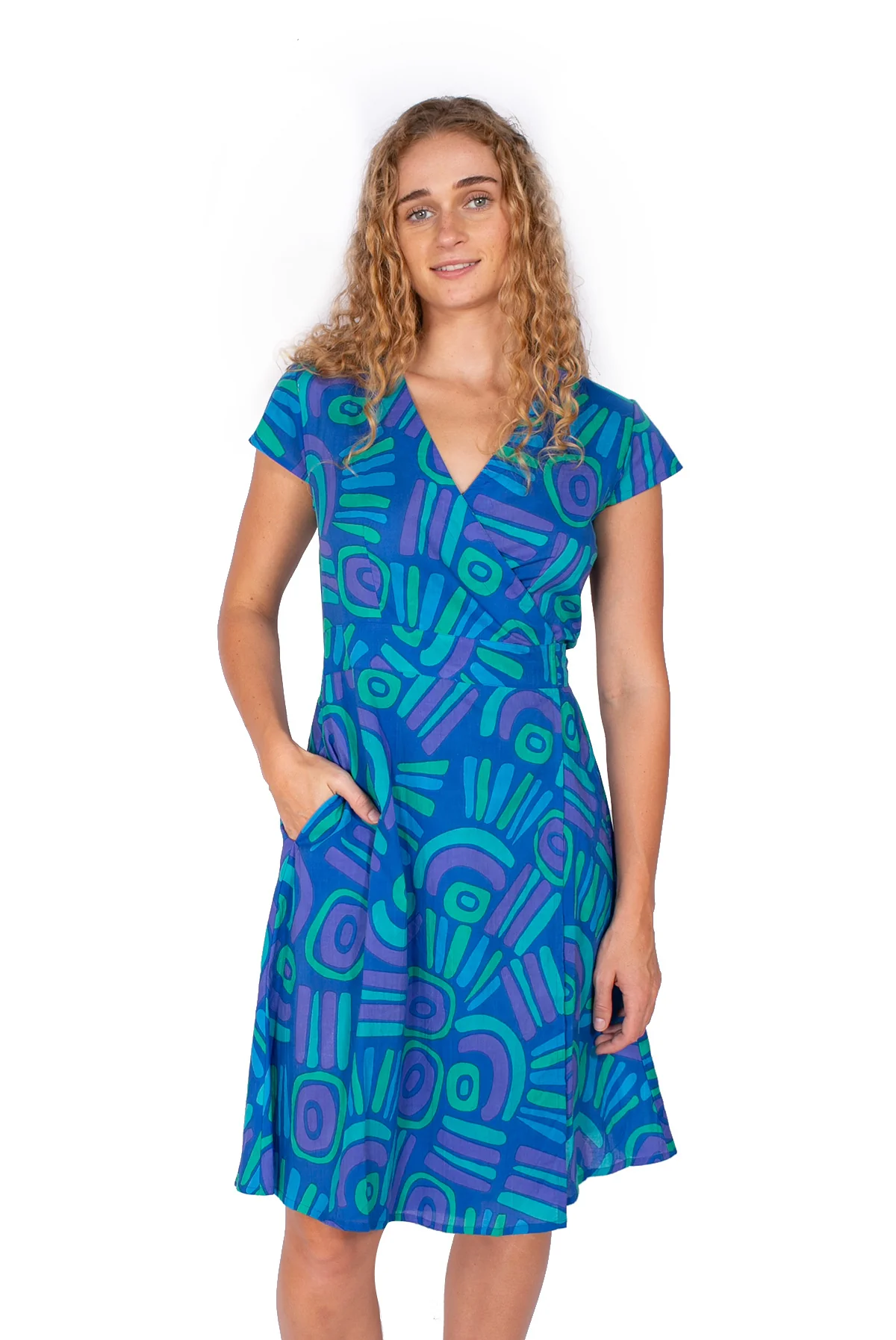 OM Design Rose Wrap Dress - Abstract Blue