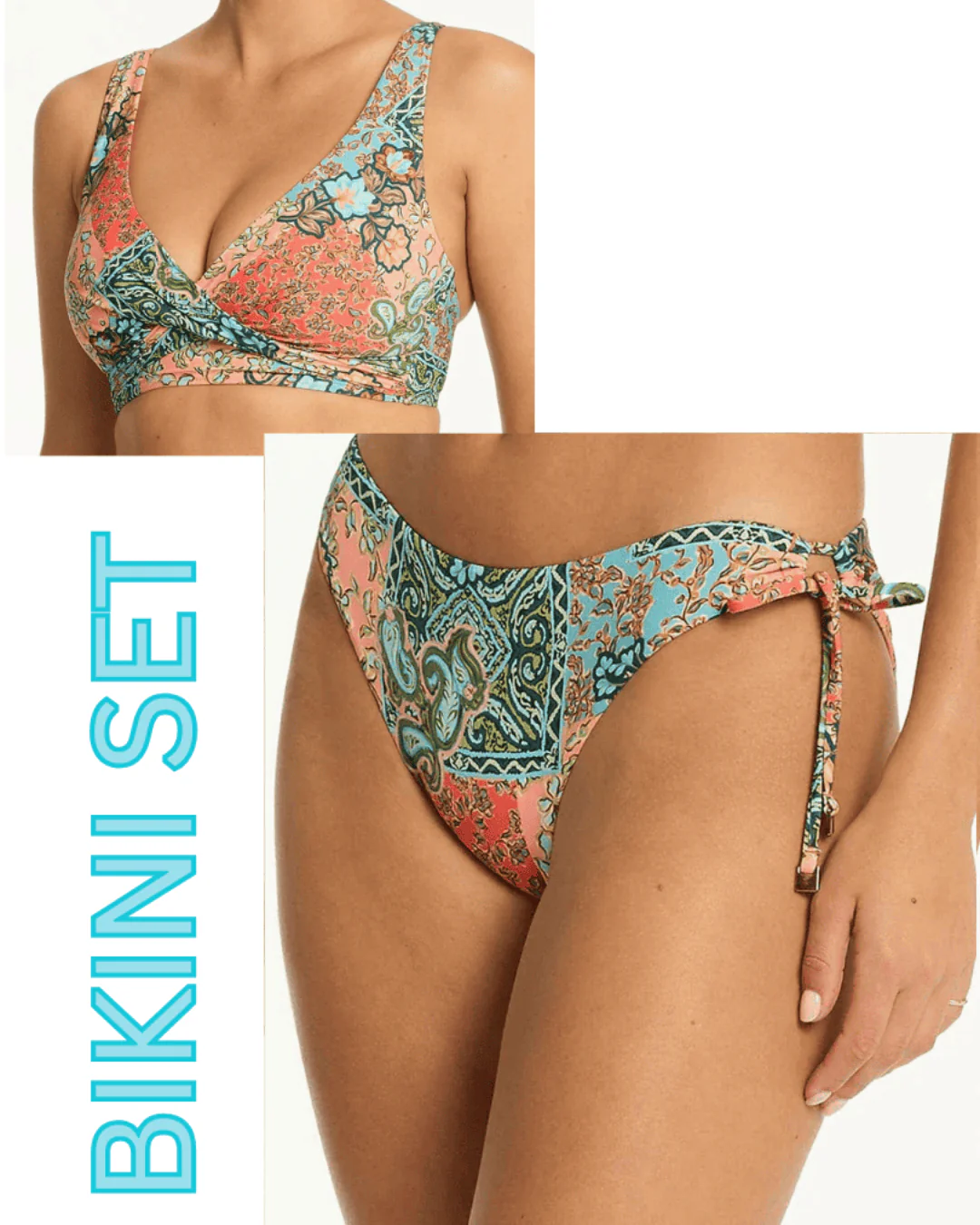 Sea Level Java Cross Front Multifit Bra Top & Tie Side Cheeky Pant Bikini Set - Coral