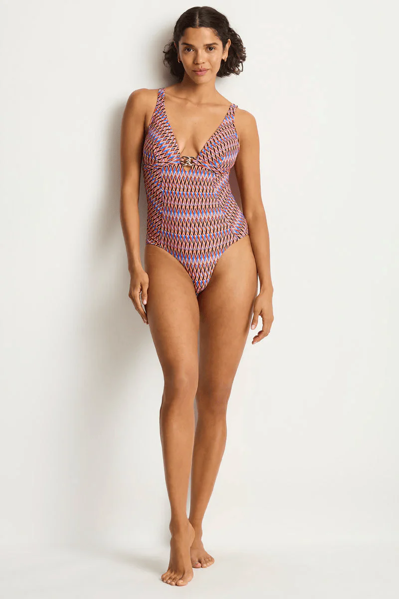 Sea Level Tessera Chain Link Longline One Piece - Blue