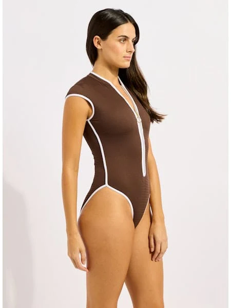 Seafolly Beach Bound Cap Sleeve Zip Front One Piece - Dark Chocolate - Image 2