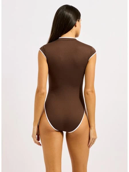 Seafolly Beach Bound Cap Sleeve Zip Front One Piece - Dark Chocolate - Image 3