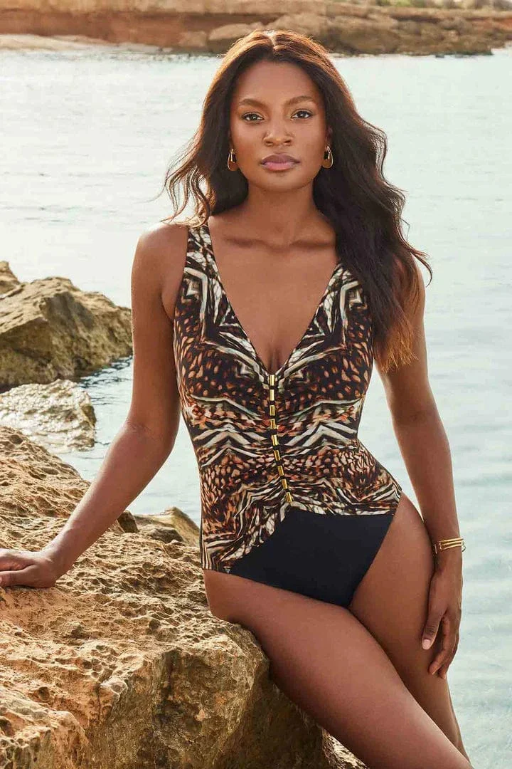 Tribal Tigress Charmer V Neck Tummy Control Swimsuit - Black Multi