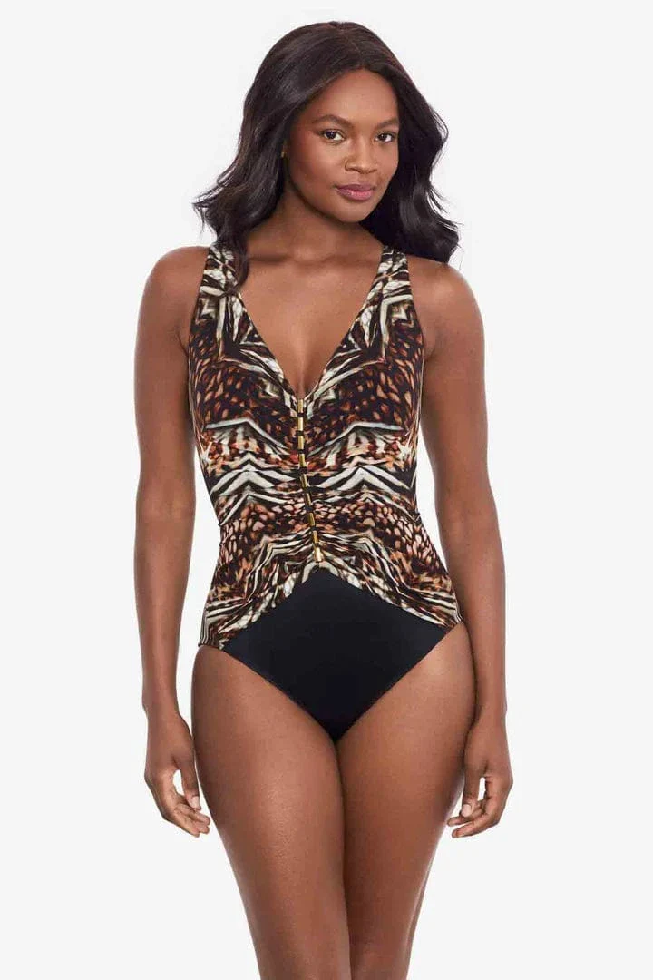Tribal Tigress Charmer V Neck Tummy Control Swimsuit - Black Multi - Image 2