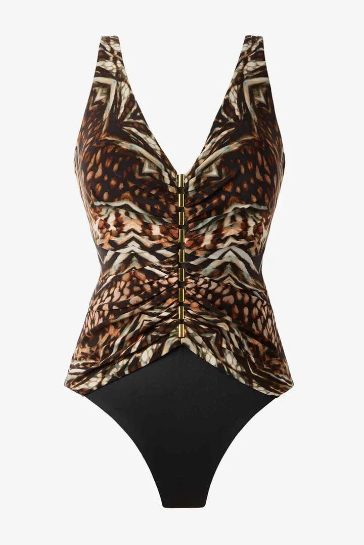 Tribal Tigress Charmer V Neck Tummy Control Swimsuit - Black Multi - Image 5