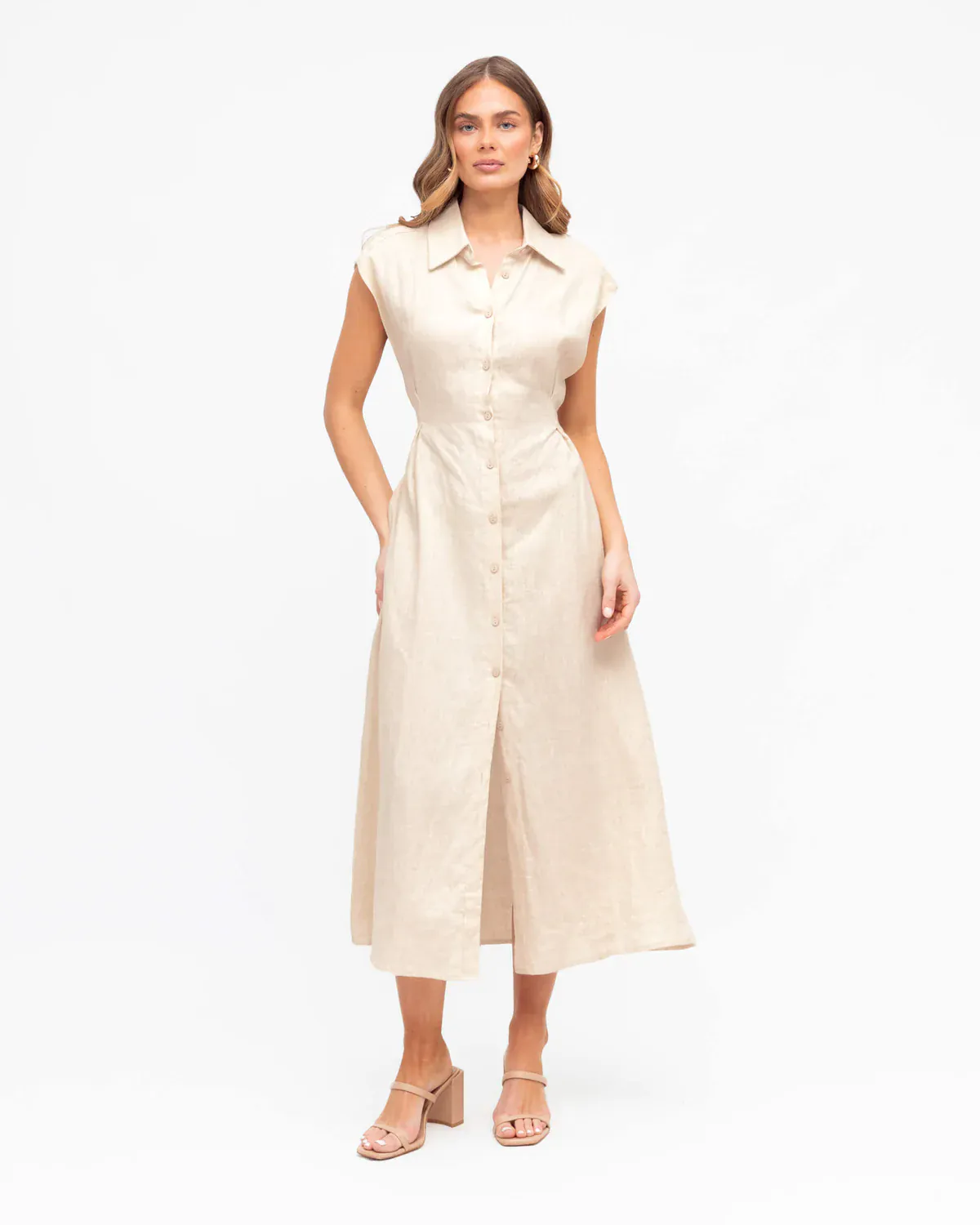 White Closet Linen Collared Midi Shirt Dress - Oatmeal