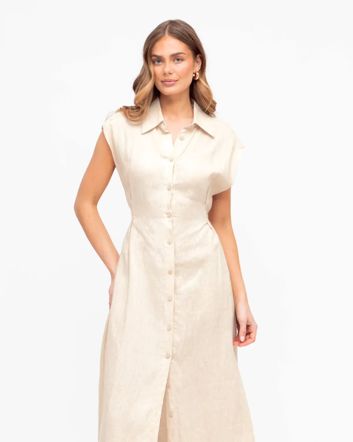 White Closet Linen Collared Midi Shirt Dress - Oatmeal - Image 4