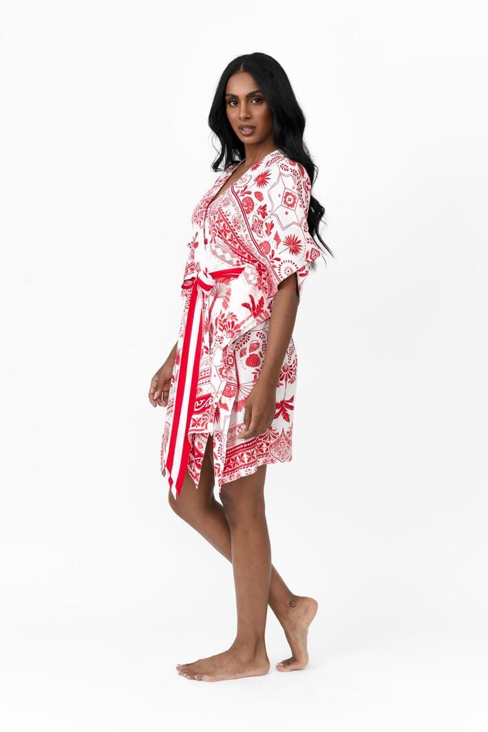 Zahlia Short Kimono Mediterranean - Red & White - Image 5
